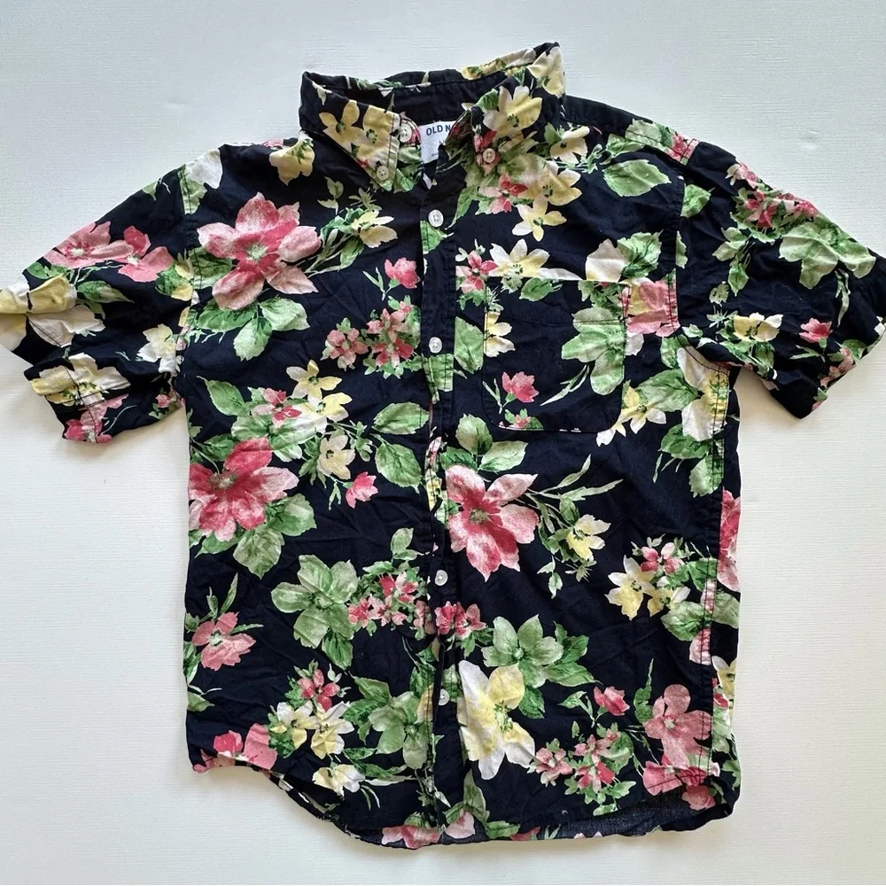 Old Navy navy & colorful floral short sleeve button up shirt‎ boys L 10-12
